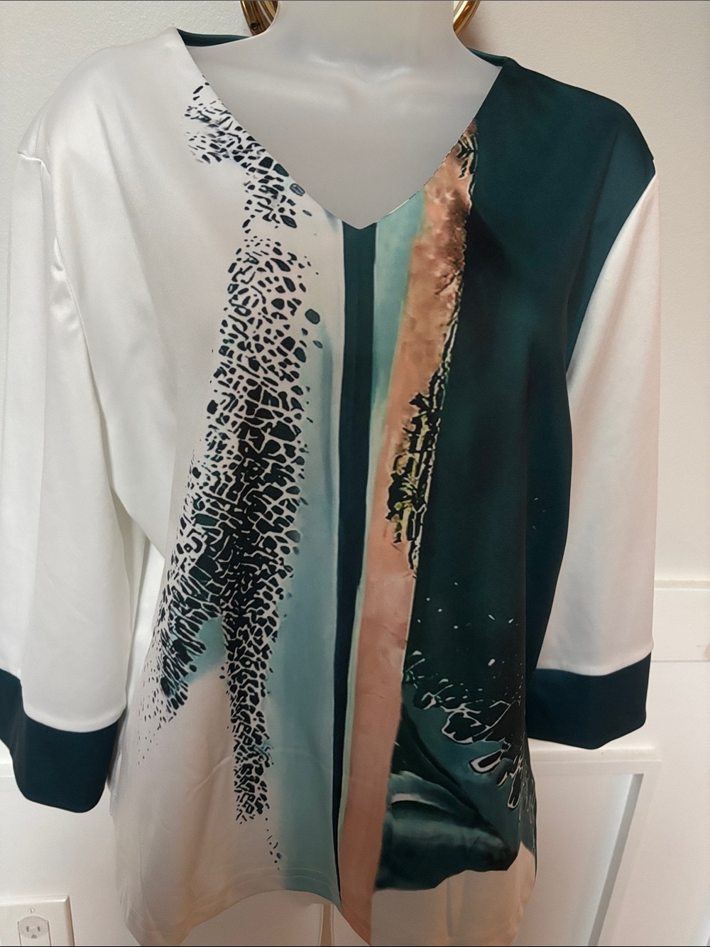 Vivid Print V-Neck Women’s Blouse - Teal, White & Peach by Zolucky